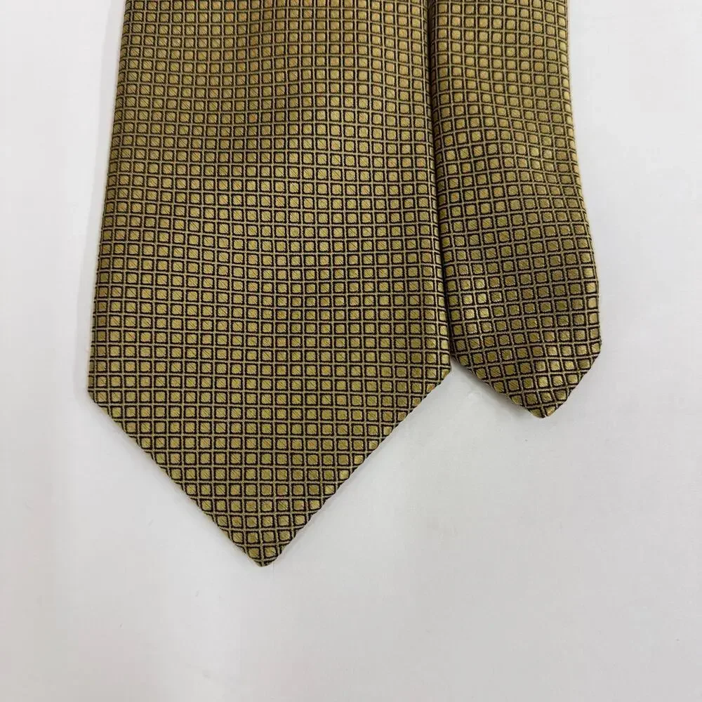 Robert Talbott Gold Olive Geometric Micro Check 100% Silk Tie Men's Burgundy Tip